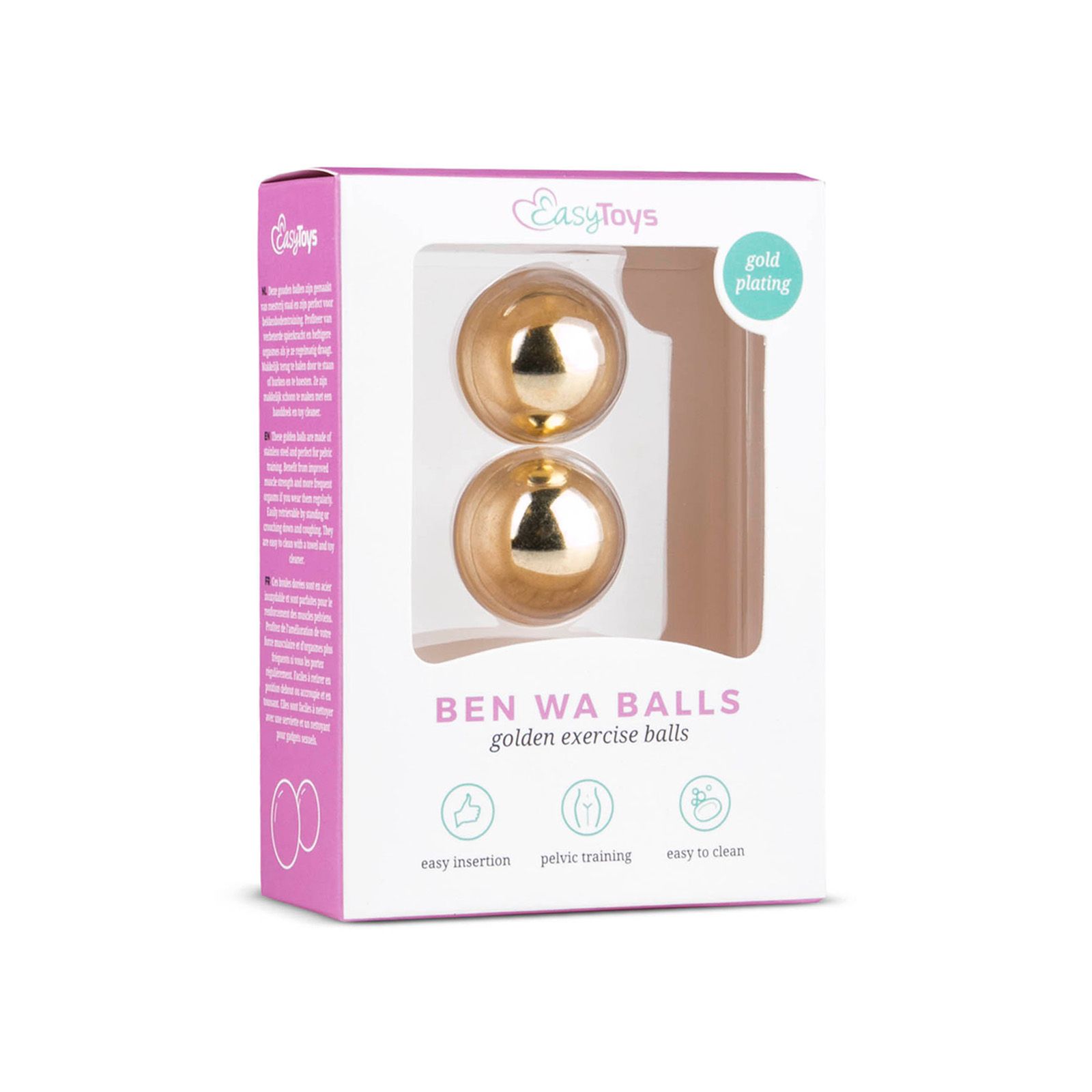 Verpackung mit zwei goldenen Kugeln. Aufschrift: EasyToys, BEN WA BALLS, gold plating. Symbole für einfache Einführung, Beckenbodentraining, einfache Reinigung.
