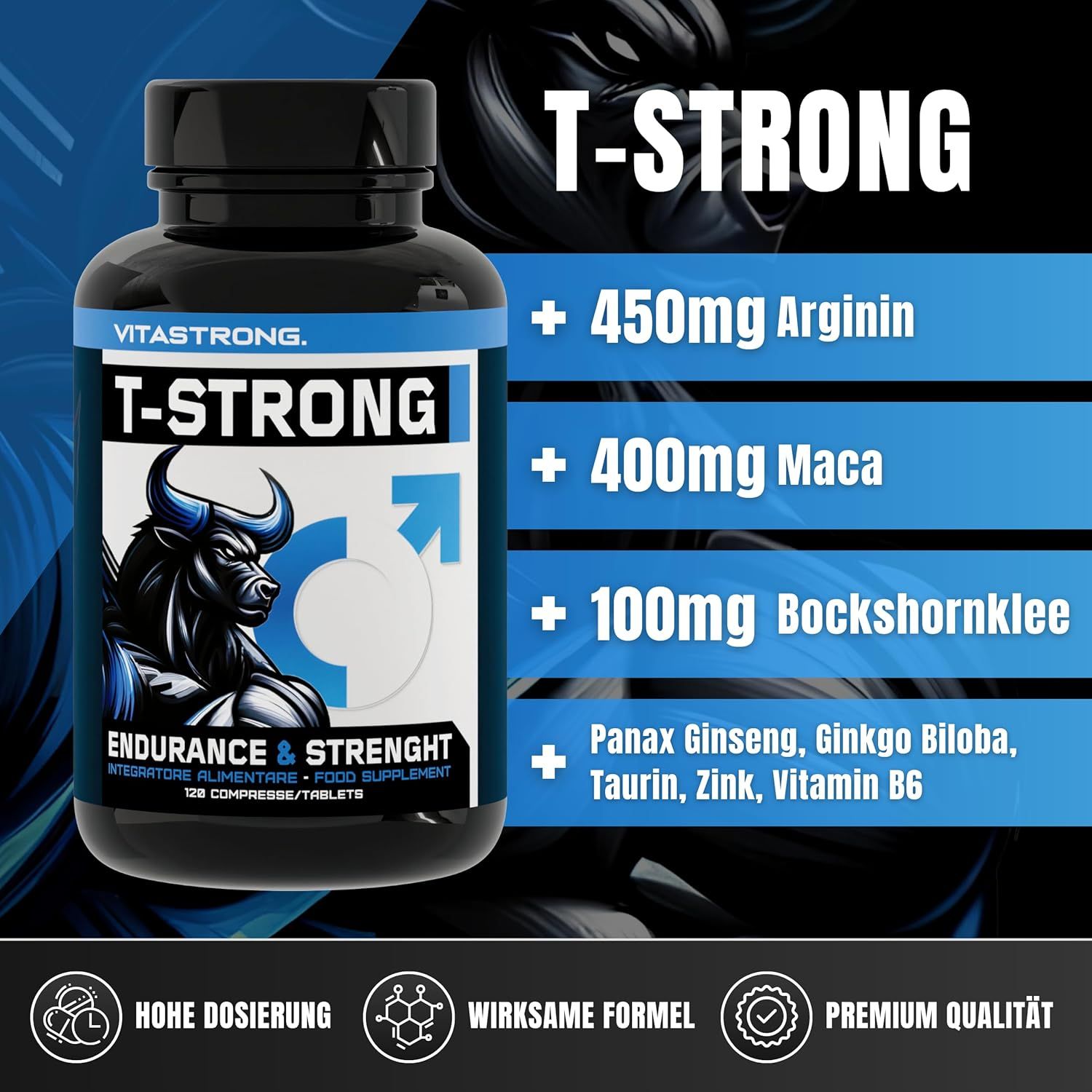 Tablettenflasche mit Produktinformationen. Enthält Arginin, Maca, Bockshornklee und weitere Inhaltsstoffe.