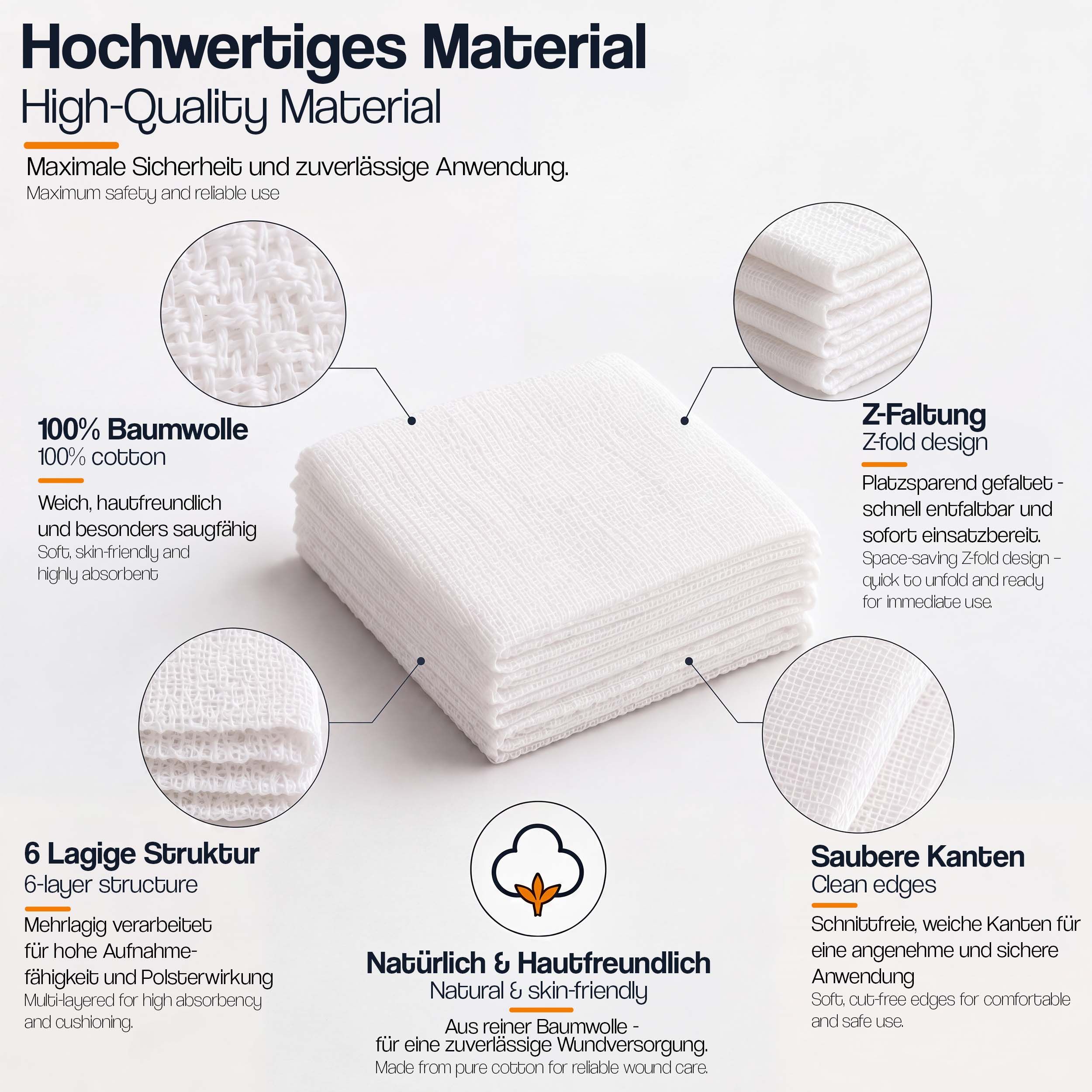 Stapel weißer, 6-lagiger Baumwollpads mit Z-Faltung und sauberen Kanten.