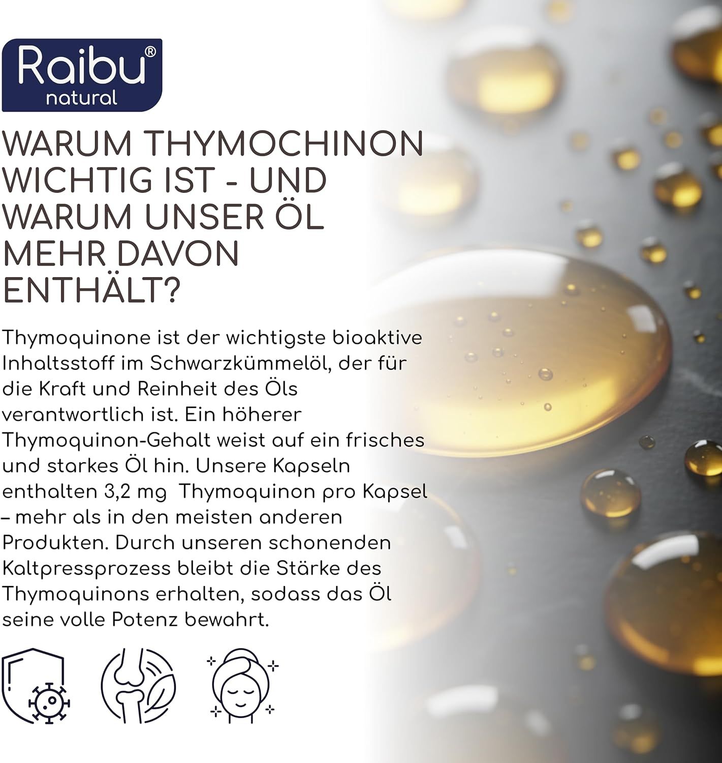 Text über Thymochinon. Informationen über die Inhaltsstoffe und die Reinheit des Öls. Illustrationen von Zellen, Gelenken und Haut.