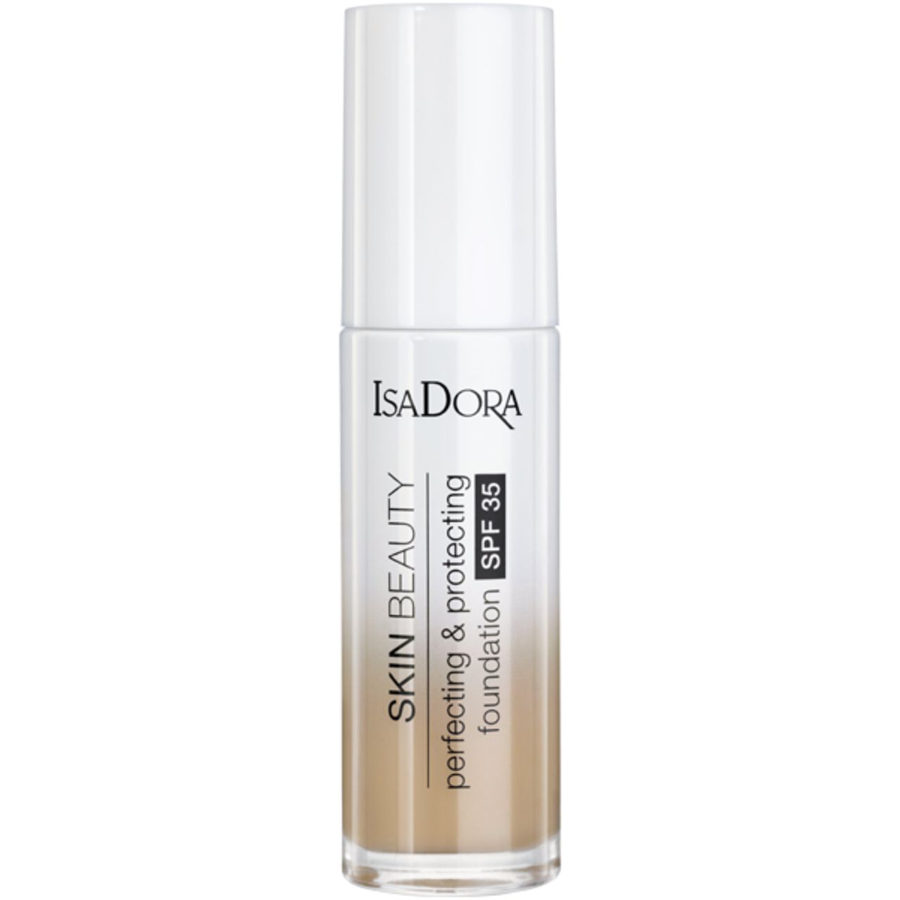 Foundation-Flakon mit weißem Deckel. Aufschrift: IsaDora, Skin Beauty, Perfecting & Protecting, SPF 35.
