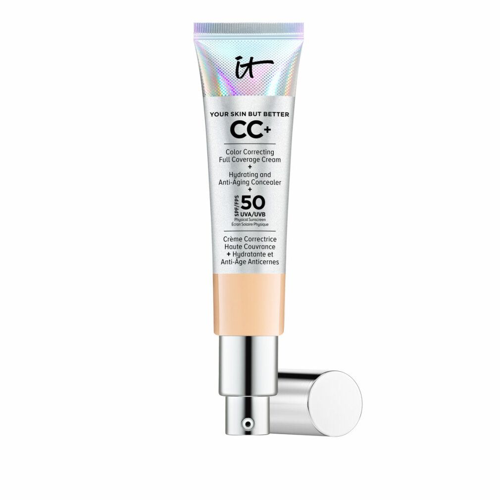 Tube mit CC+ Foundation SPF 50. Farbkorrigierende, deckende Creme. Mit Applikator. Hellbeige Farbton.