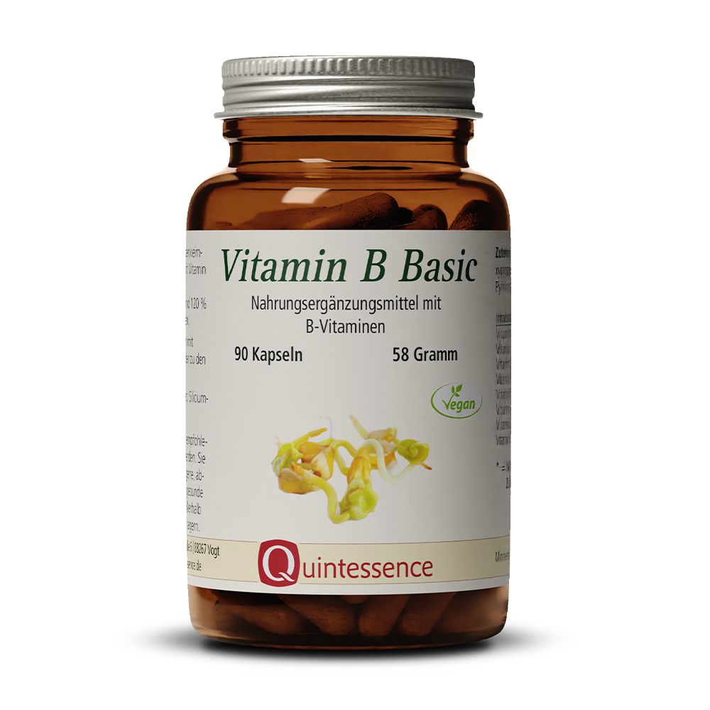 Braune Glasflasche mit Kapseln. Etikett: Vitamin B Basic, 90 Kapseln, 58 Gramm. Quintessence Logo. Vegan-Siegel.