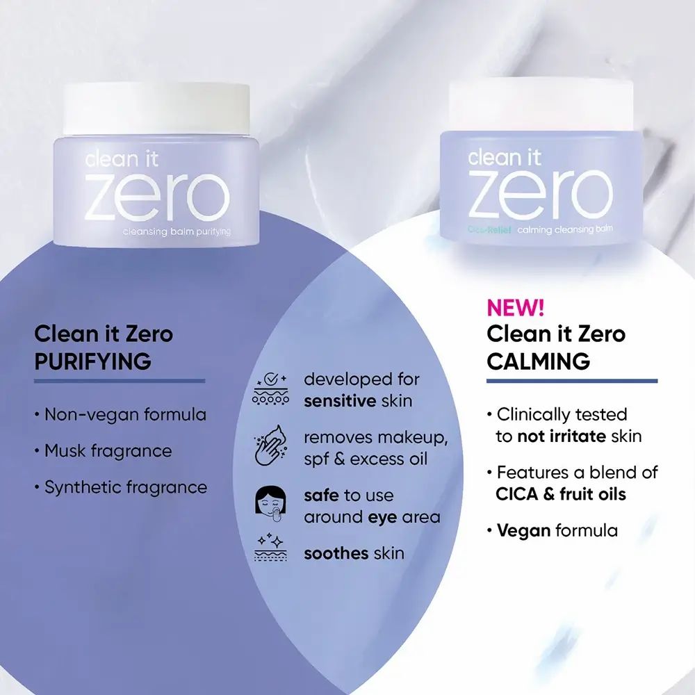 Zwei Produkte: Clean it Zero Purifying und Clean it Zero Calming. Beide blaue Tiegel mit weißem Deckel. Text und Icons.