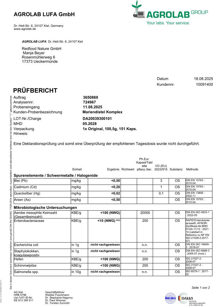Prüfbericht von Agrolab LUFA GmbH. Analyseergebnisse für Schwermetalle und mikrobiologische Untersuchungen von Mariendistel Komplex.