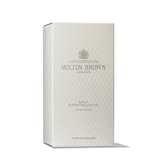 Weiße Verpackung mit geprägtem Muster. Aufschrift: Molton Brown London, Sunlit Clementine & Vetiver, Eau de Toilette.