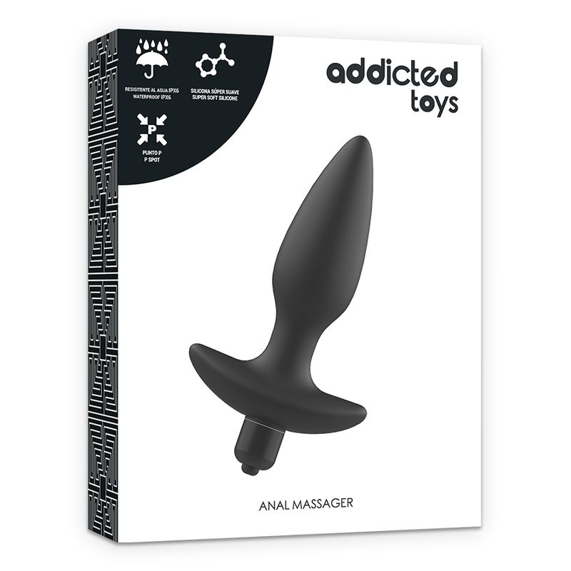 Verpackung mit schwarzem Analplug. Marke Addicted Toys. Text: Anal Massager.