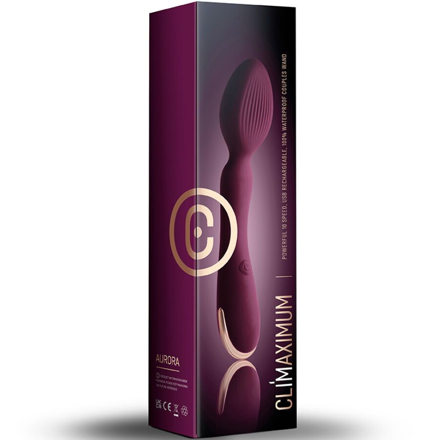 Verpackung mit Stabvibrator. Produktname: Climaximum Aurora. Text: USB wiederaufladbar, wasserdicht.