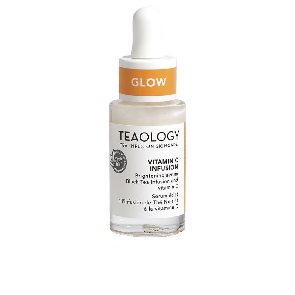 Serumflasche mit Pipette. Aufschrift: Teaology, Vitamin C Infusion, Glow. Auf weißem Hintergrund.