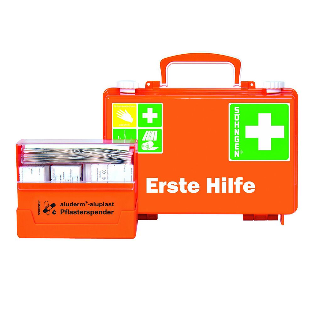Orange Erste-Hilfe-Koffer mit weißem Kreuz und Schriftzug "Erste Hilfe". Daneben ein Pflasterspender.