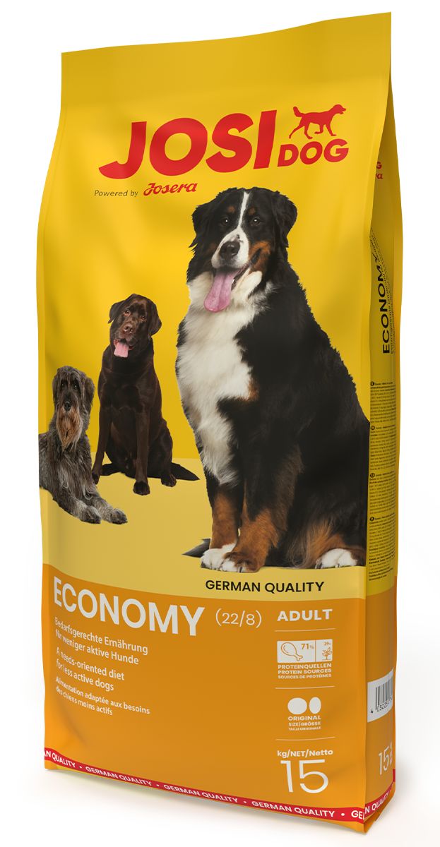 Gelbe Tüte mit Aufdruck. JOSI DOG-Logo, drei Hunde, ECONOMY-Schriftzug, 15 kg. Futter für Hunde.