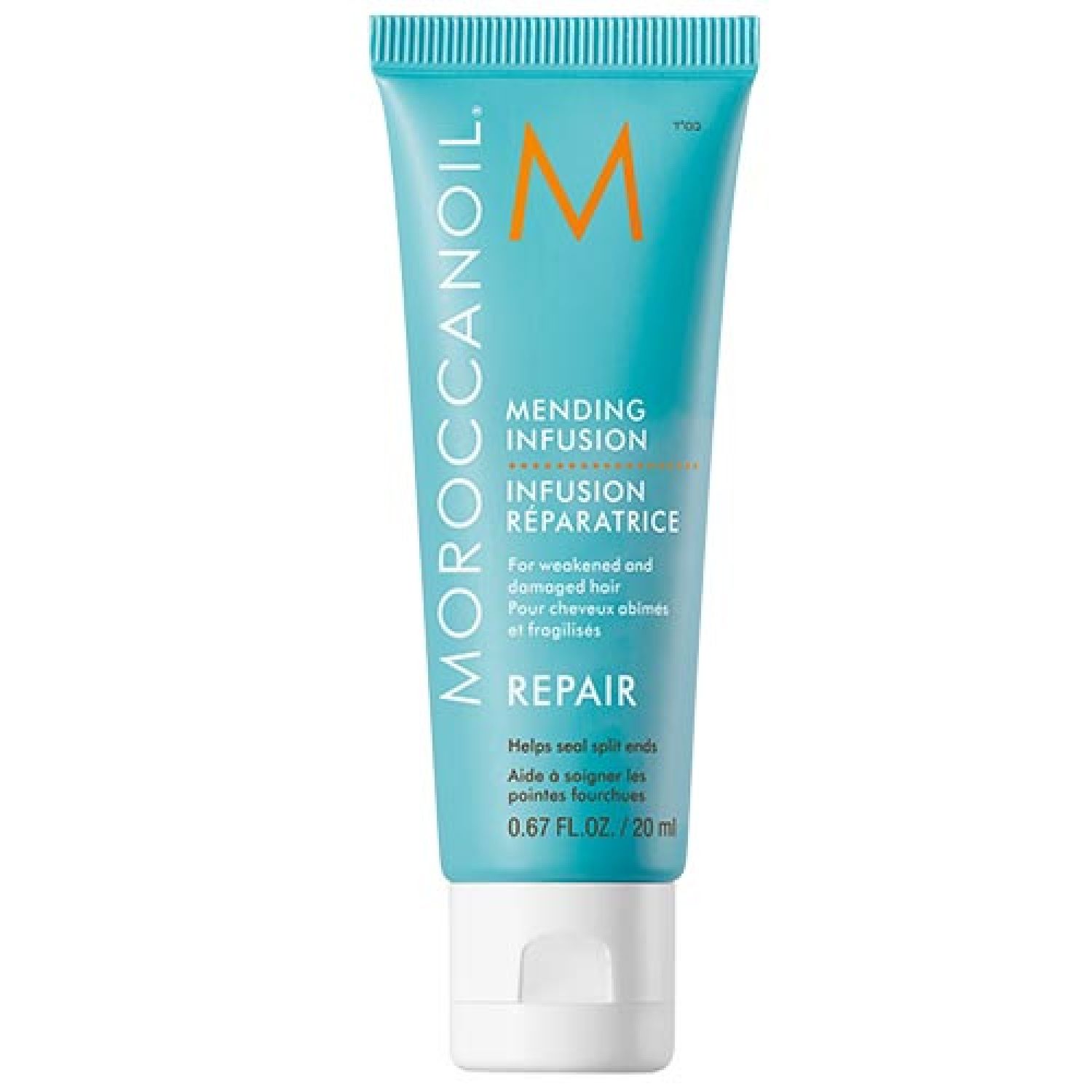 Türkisfarbene Tube mit weißem Verschluss. Aufschrift: MOROCCANOIL, Mending Infusion, Repair. 0.67 FL.OZ./20 ml.