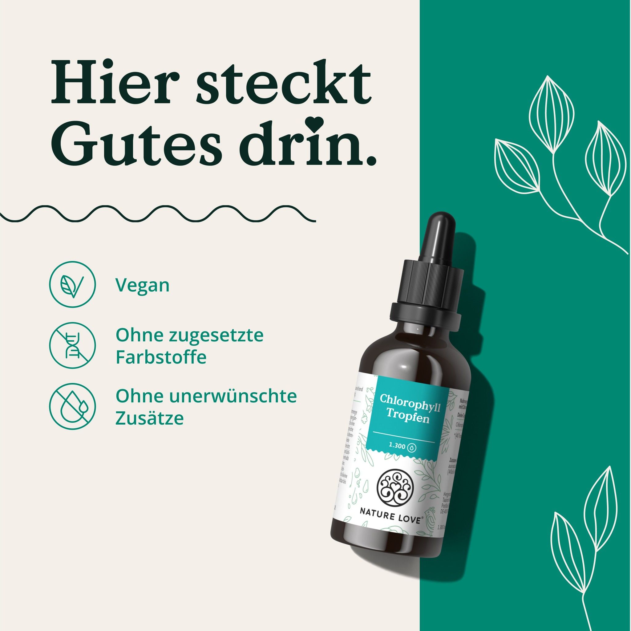 NATURE LOVE® flüssiges Chlorophyll aus Alfalfa 50ml - hochdosiert 200mg Chlorophyllin - ohne Jod