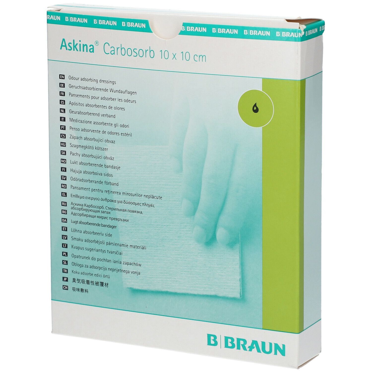 Verpackung von Askina Carbosorb 10 x 10 cm. Weißer Karton mit Produktbezeichnung, Produktabbildung und B. Braun Logo. Draufsicht.