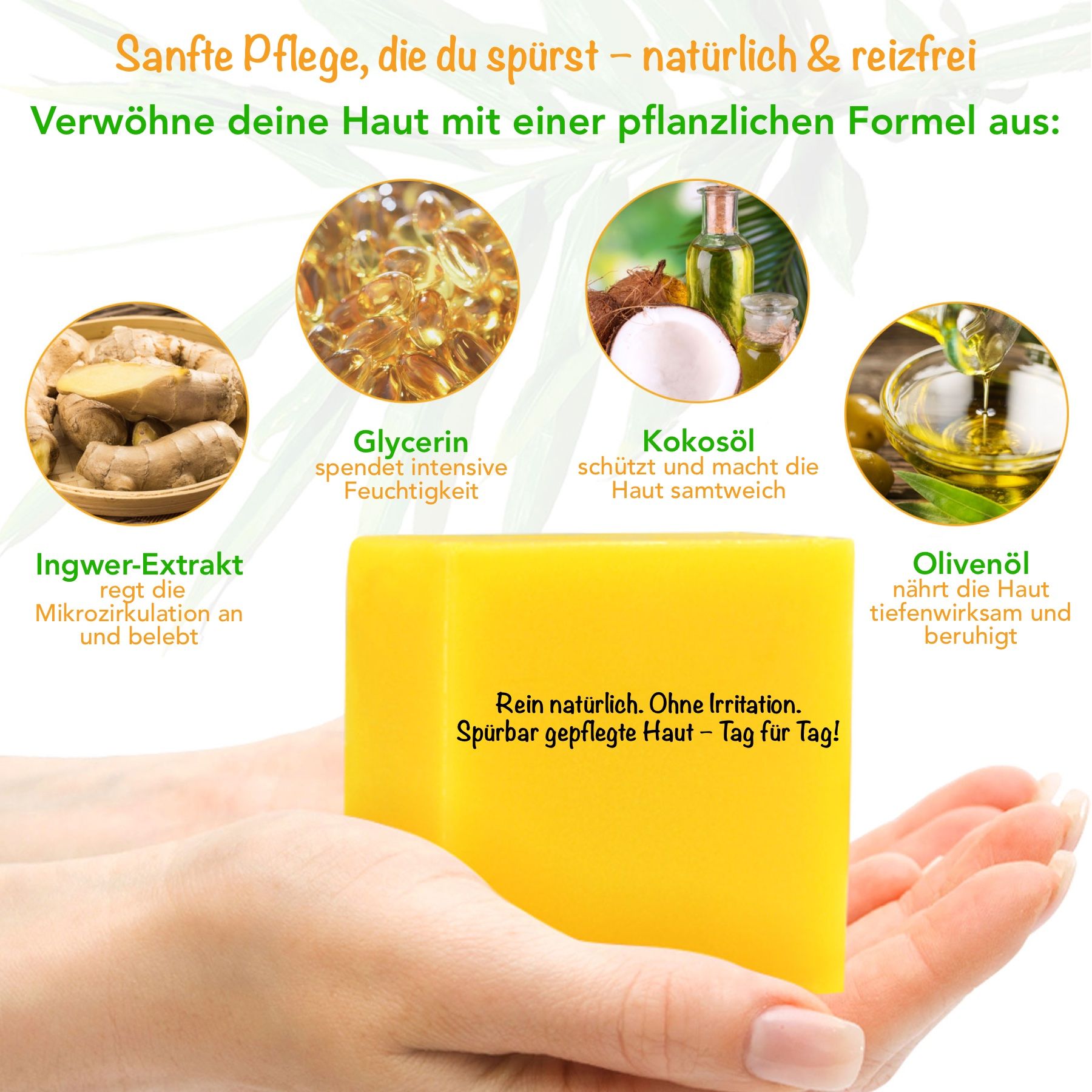 Gelbes Seifenstück in einer Hand. Text: Ingwer-Extrakt, Glycerin, Kokosöl, Olivenöl. Aufschrift: Rein natürlich. Spürbar gepflegte Haut - Tag für Tag!