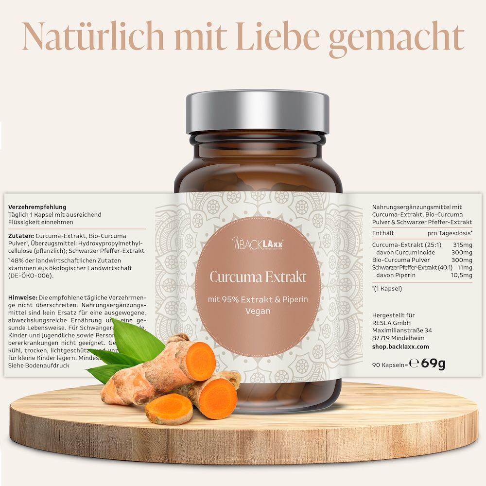 Produktflasche mit Zutatenliste und Verzehrempfehlung. Kurkuma-Wurzel und Kapseln.