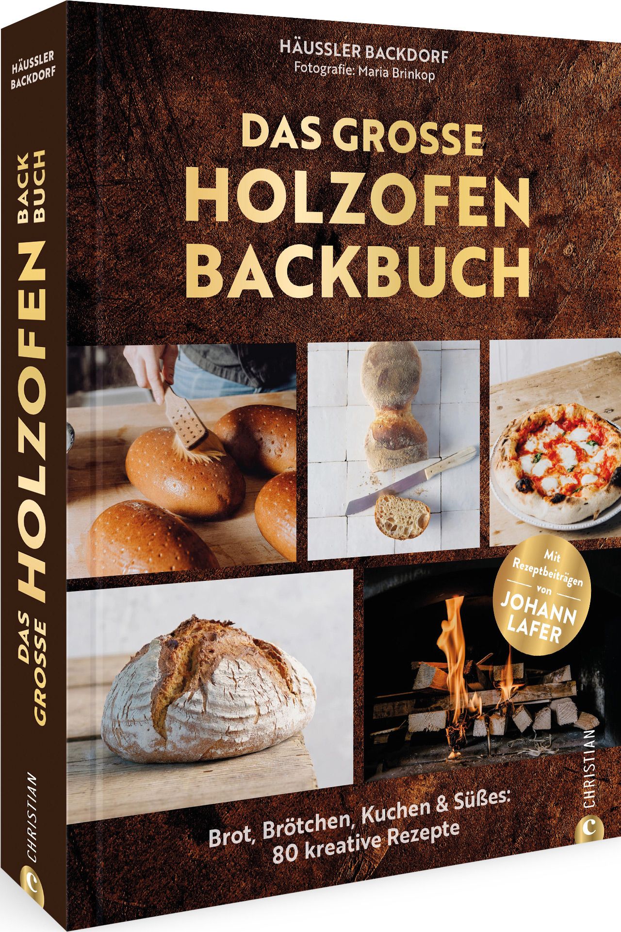 Buchcover: „Das große Holzofen-Backbuch“. Titel in Gold. Fotos von Brot, Pizza und Backofen. Autor: Johann Lafer.