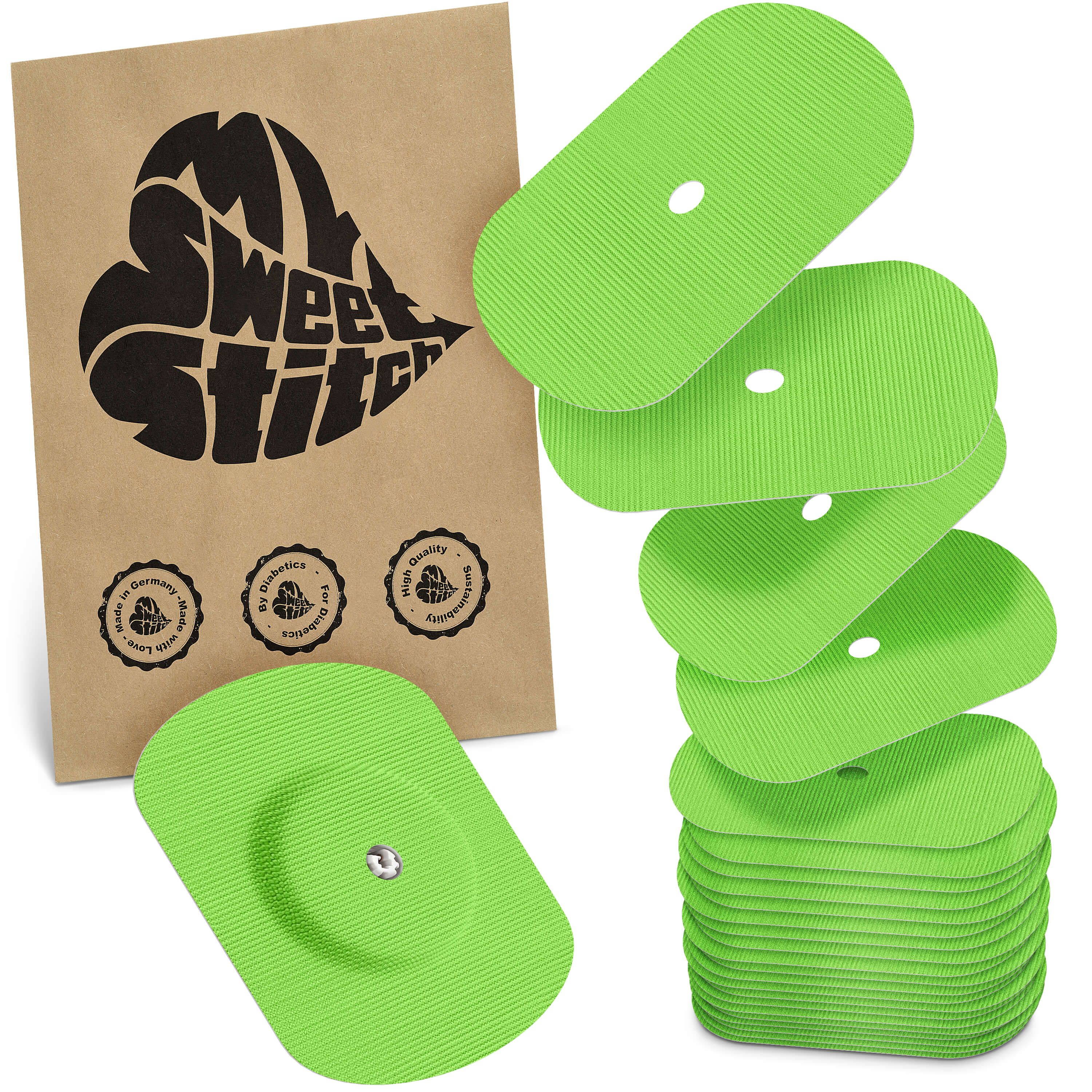 Grüne Pflaster mit Belüftungsloch und braune Verpackung mit Logo. Mehrere Pflaster gestapelt und einzeln. Aufdruck: MySweetStitch.