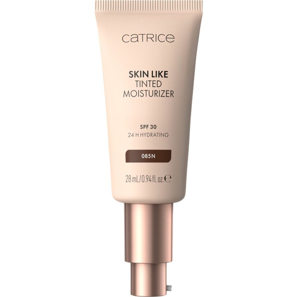 Beige Tube mit Aufschrift Catrice, Skin Like Tinted Moisturizer, SPF 30. Farbton 085N. Produktvolumen 28 ml.
