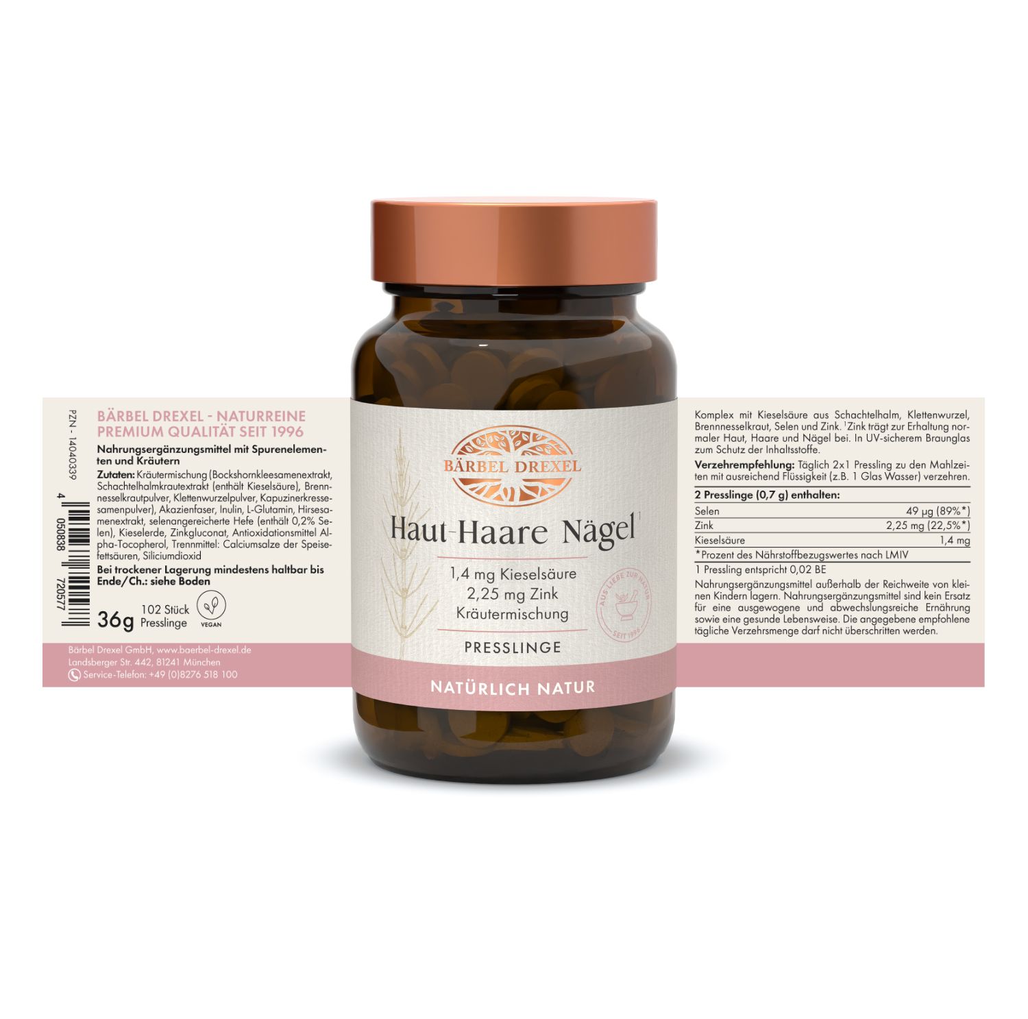 Braune Glasflasche mit Tabletten und Etikett. Zusätzliche Etiketteninformationen.