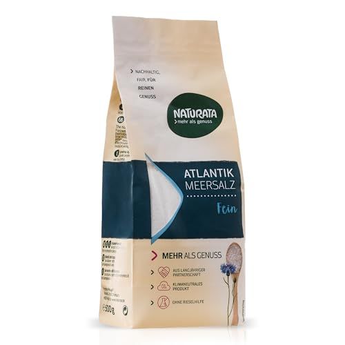 Naturata Atlantik Meersalz, fein. Beutel mit 500g Inhalt. Fokus auf Produktvorteile und Siegel.