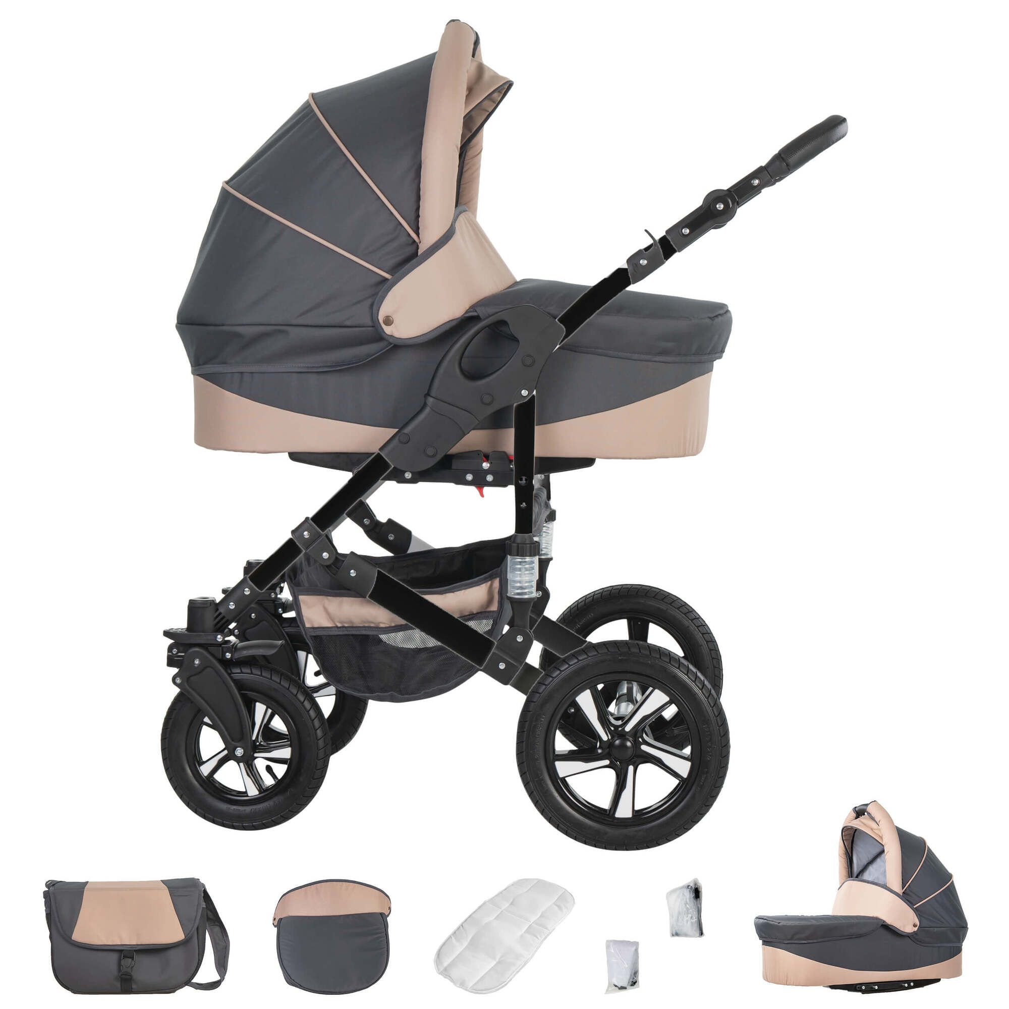 Friedrich Hugo Münster 3 in 1 Kinderwagen Set Luftreifen, Grey & Beige