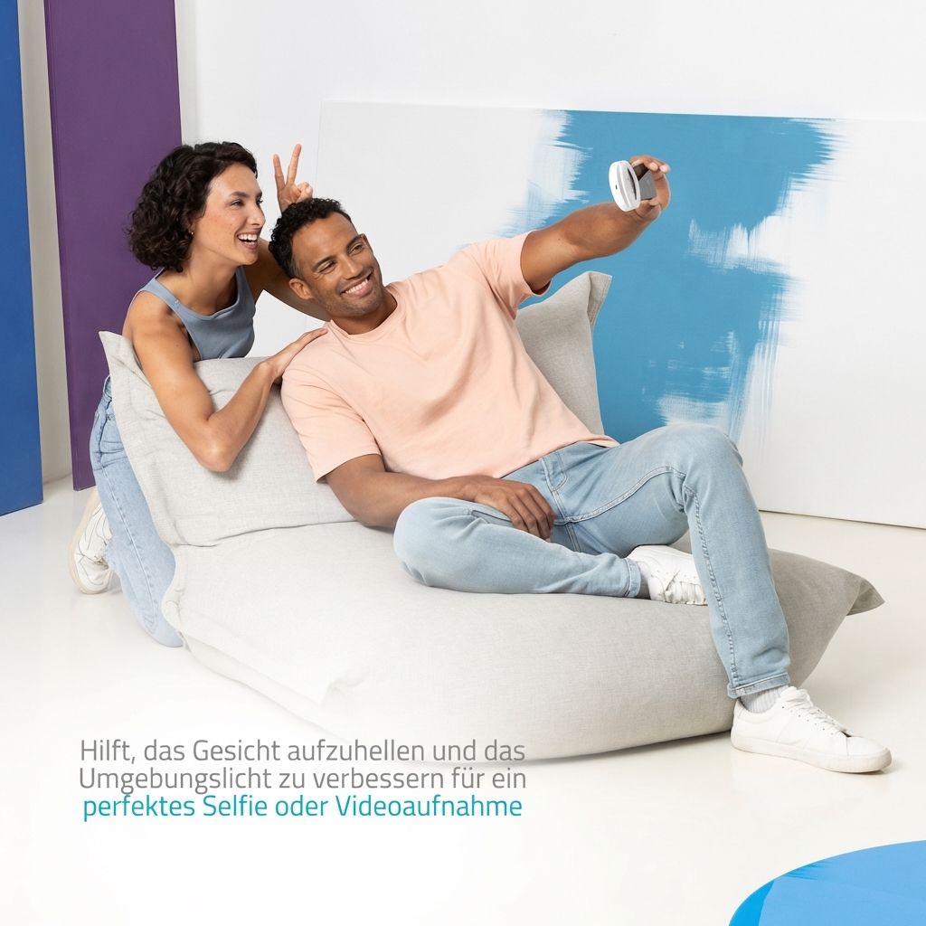 Paar macht Selfie mit beleuchtetem Spiegel am Smartphone.
