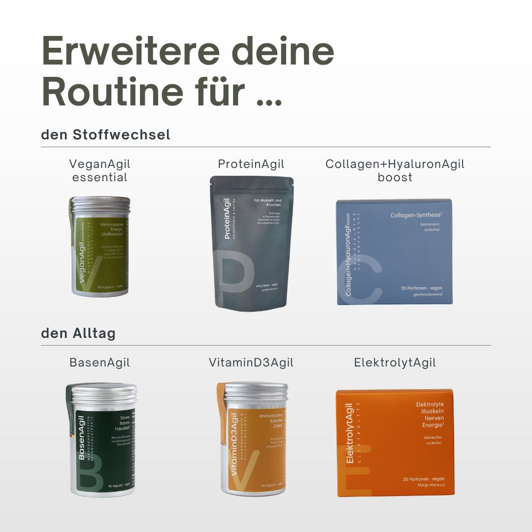 Übersicht verschiedener ProtectAgil-Produkte wie VeganAgil, ProteinAgil, Collagen+HyaluronAgil.