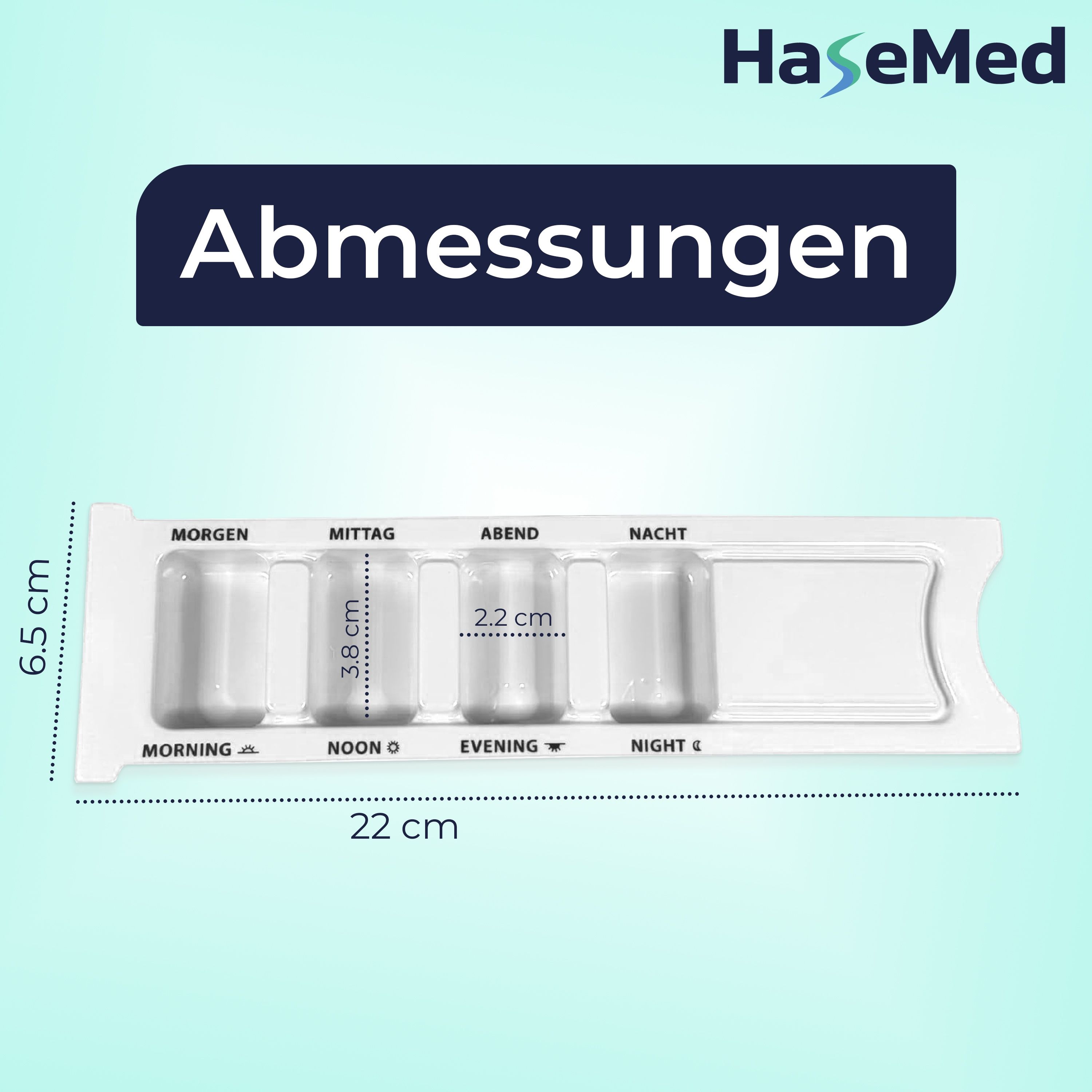 Medikamentendispenser mit 4 Fächern. Maße: 22 cm lang, 6,5 cm hoch. Fächergrößen: 3,8 cm, 2,2 cm. Beschriftung: Morgen, Mittag, Abend, Nacht.