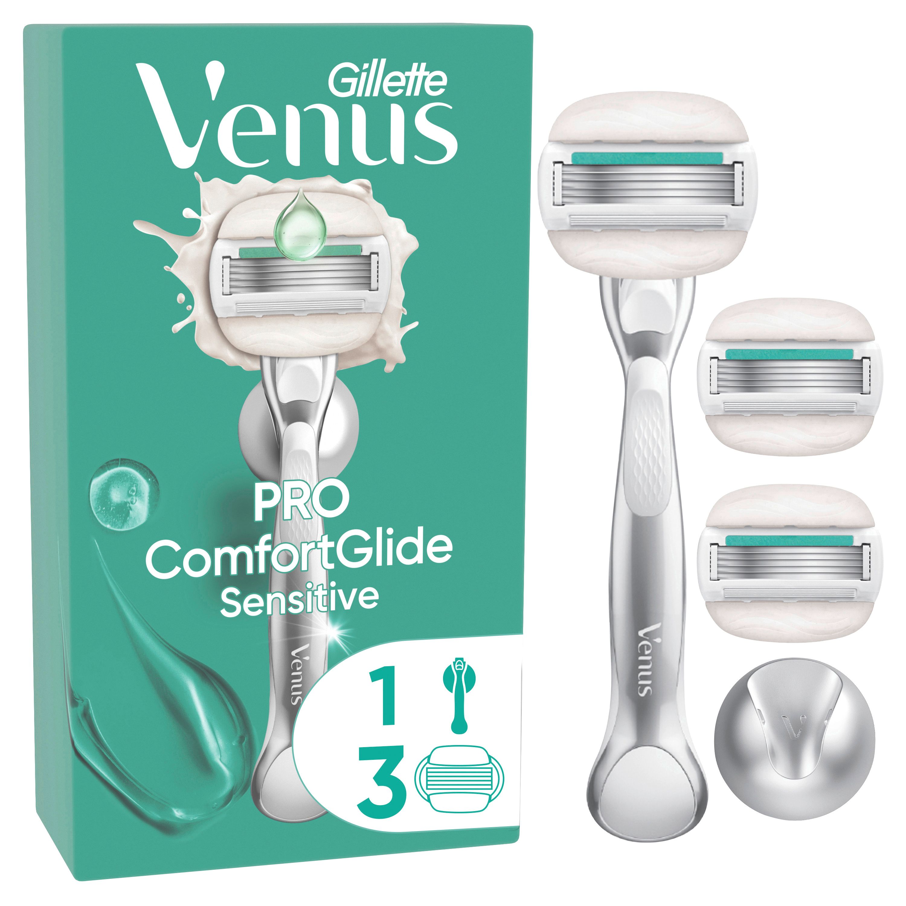 Gillette Venus - Damennassrasierer "Comfortglide Sensitive" + 3 Ersatzklingen + Duschhalterung