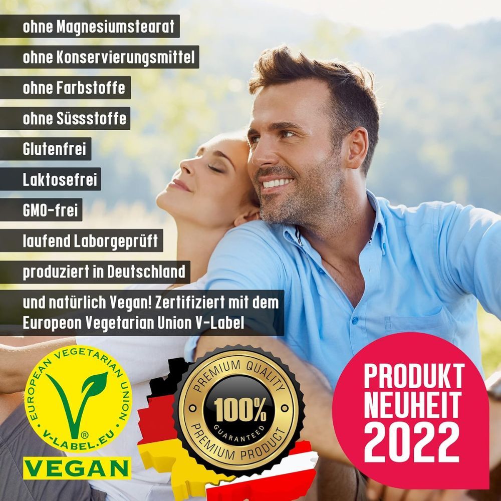 Zertifikat und Siegel für die Laborprüfung veganer Nahrungsergänzungsmittel.