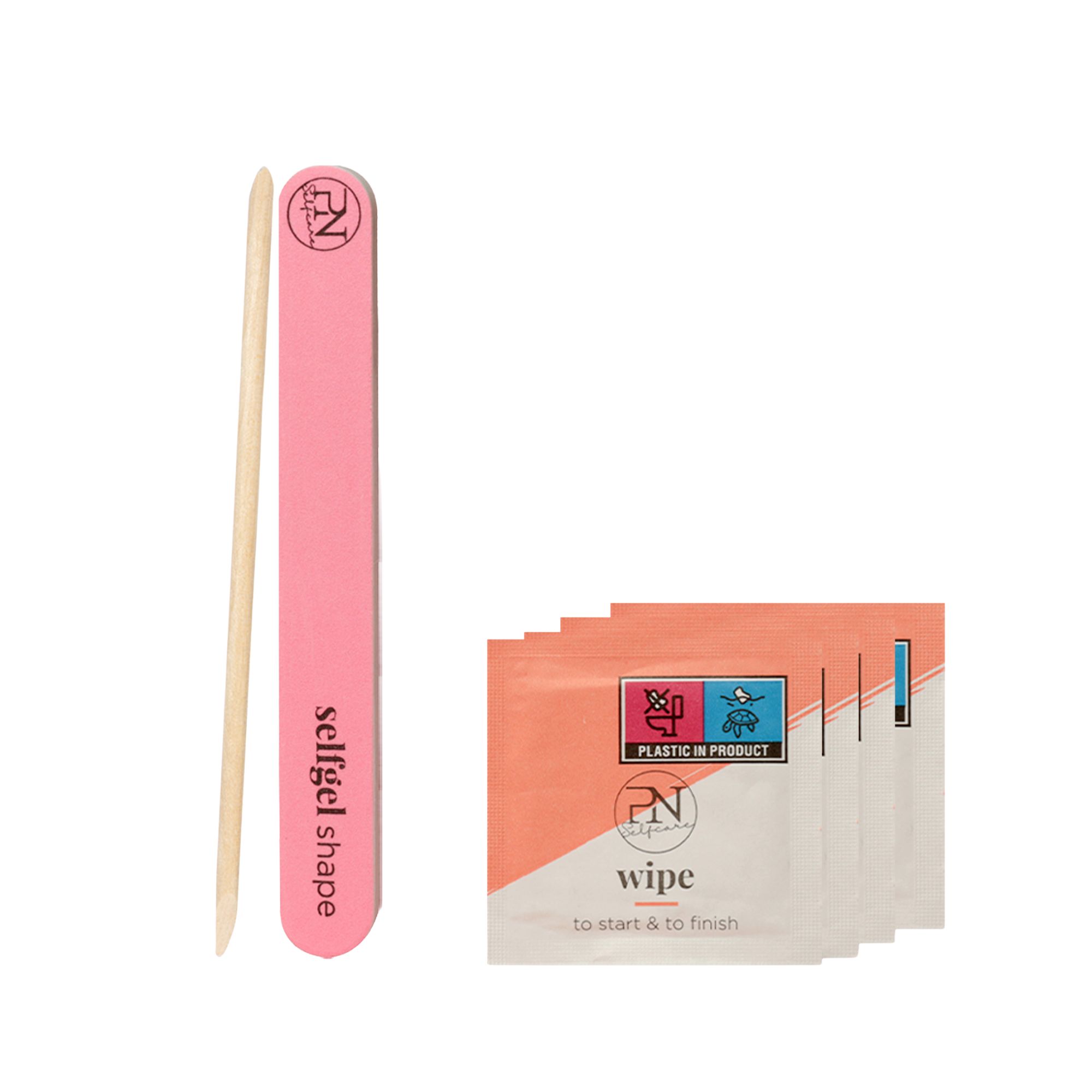 Nagelfeile, Rosenholzstäbchen und Reinigungstücher. Rosa Feile mit Text, drei Tücher mit Aufdruck.