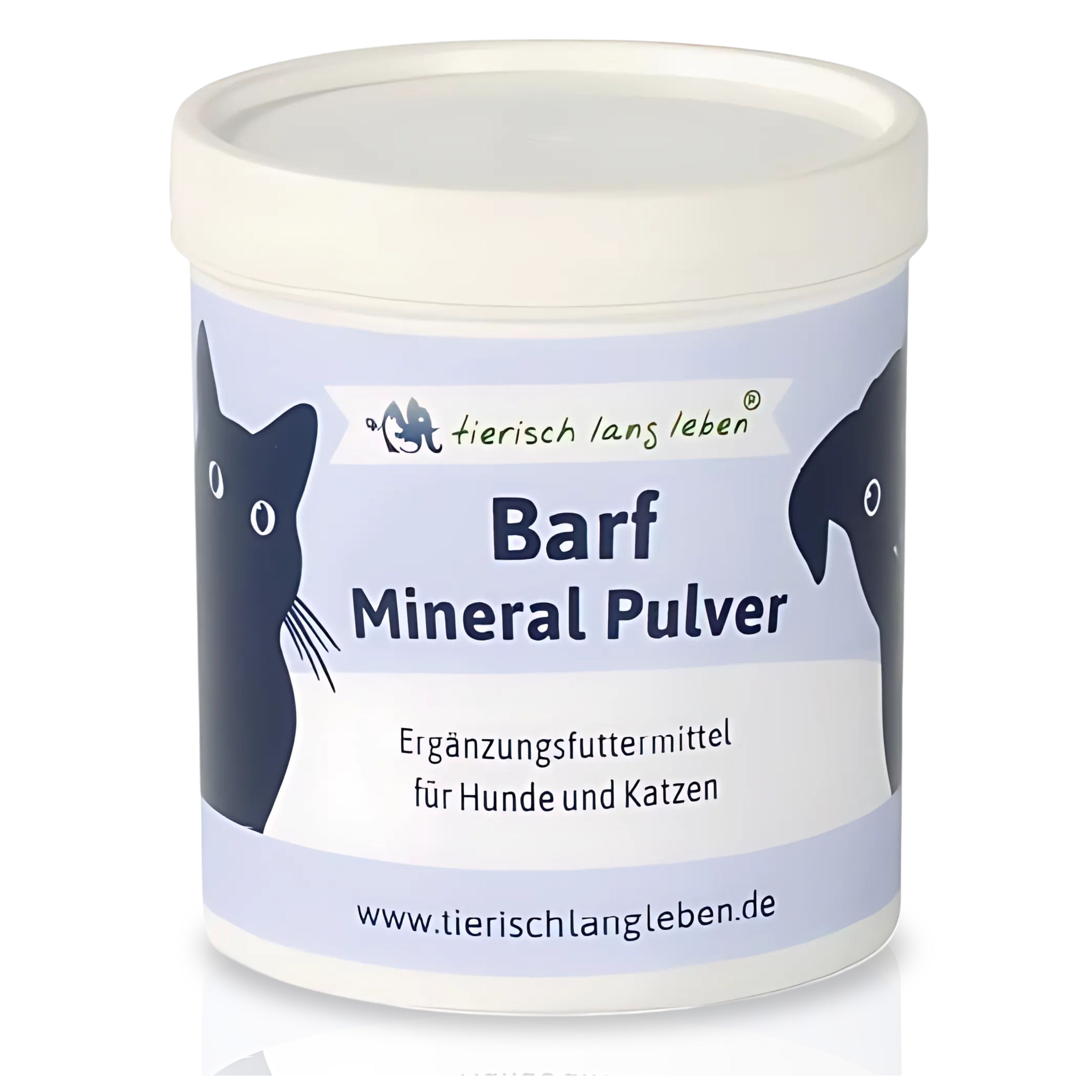 Weißer Behälter mit Deckel. Aufschrift: Barf Mineral Pulver. Ergänzungsfuttermittel für Hunde und Katzen. Logo mit Katze und Hund.