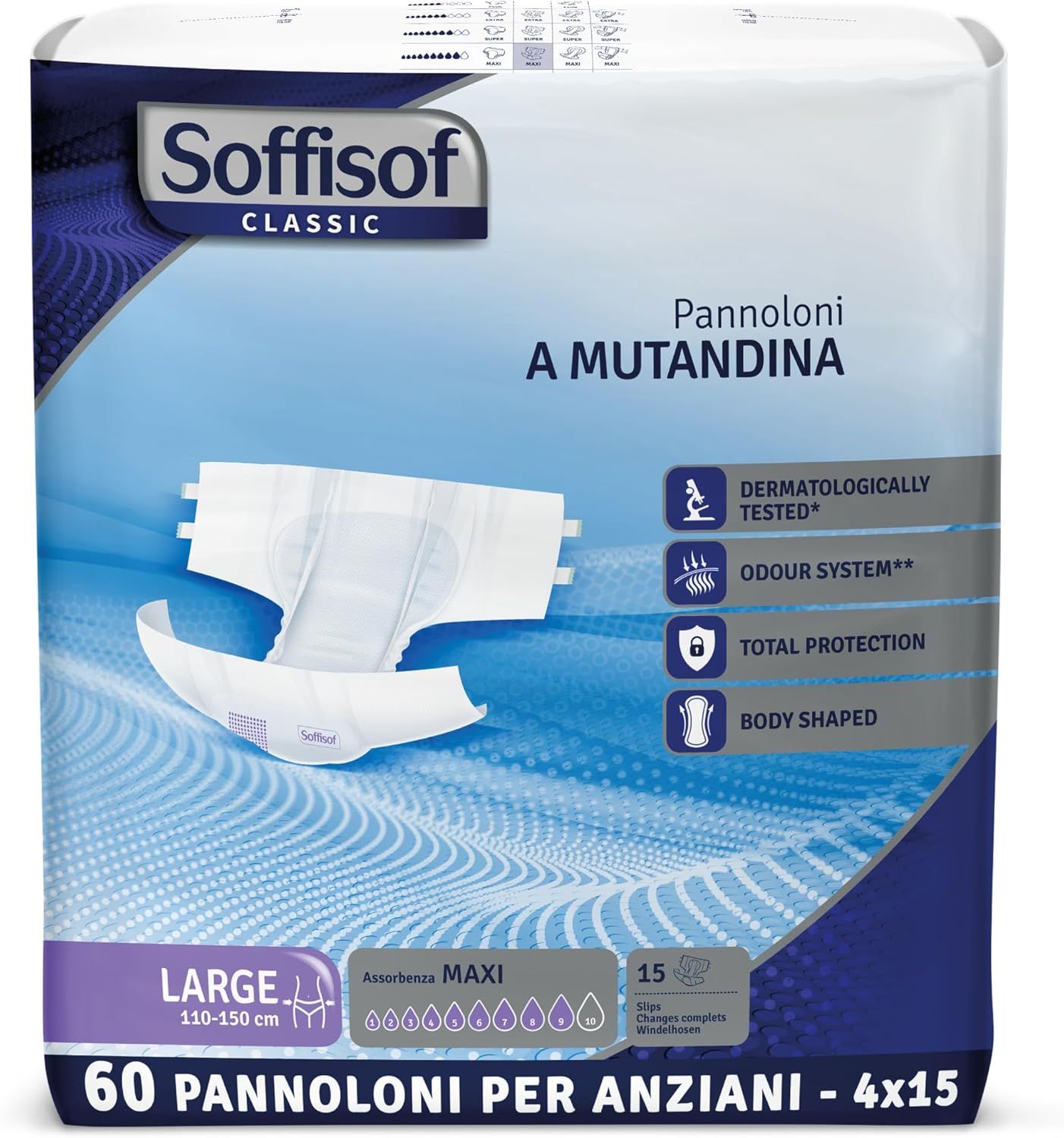 Soffisof Classic Maxi Windeln für Erwachsene. Größe Large, 110-150 cm. 60 Stück. Dermatologisch getestet.