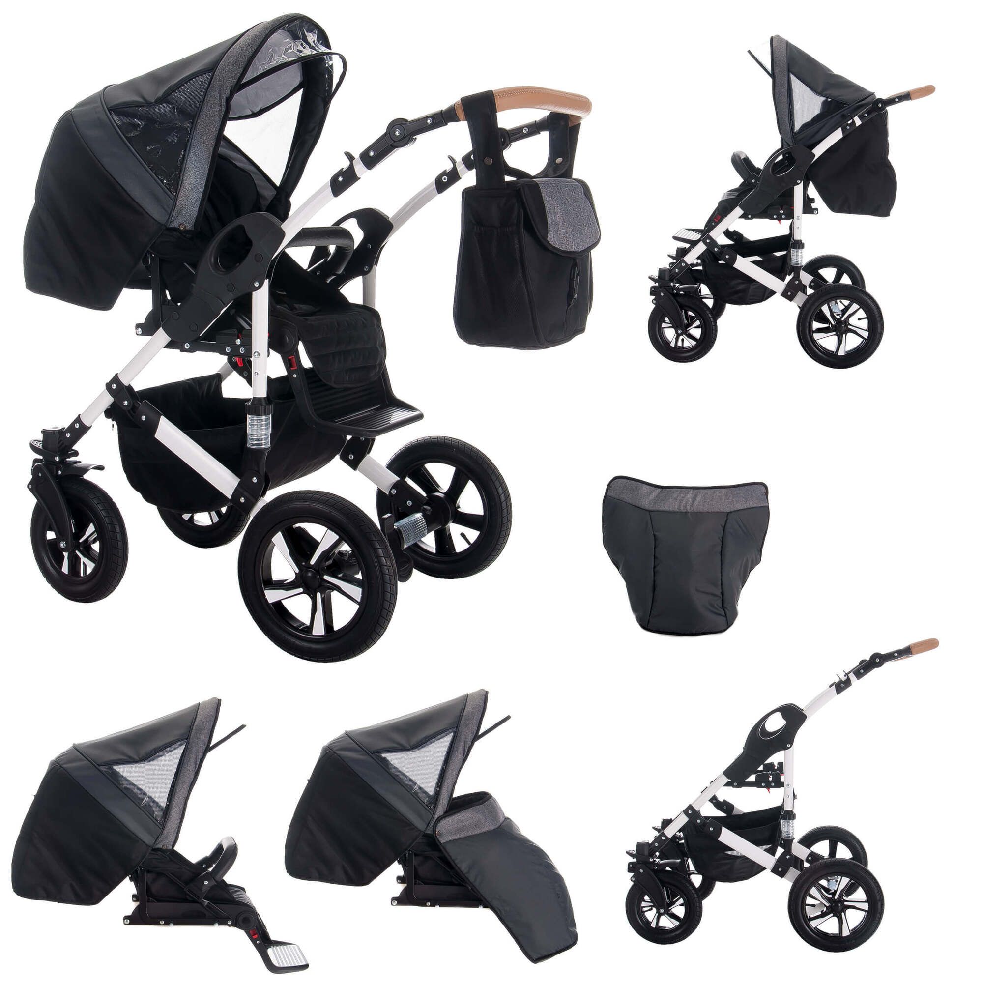 Kinderwagen mit Sportsitz, Wickeltasche und Zubehör. Weißes Gestell, schwarze Räder.