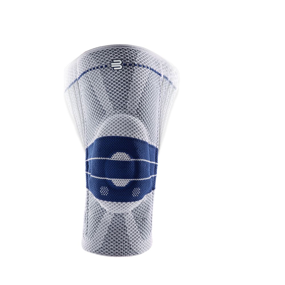 Kniebandage, weiß-blau. Mesh-Gewebe, blaue Streifen, Logo. Rückansicht.
