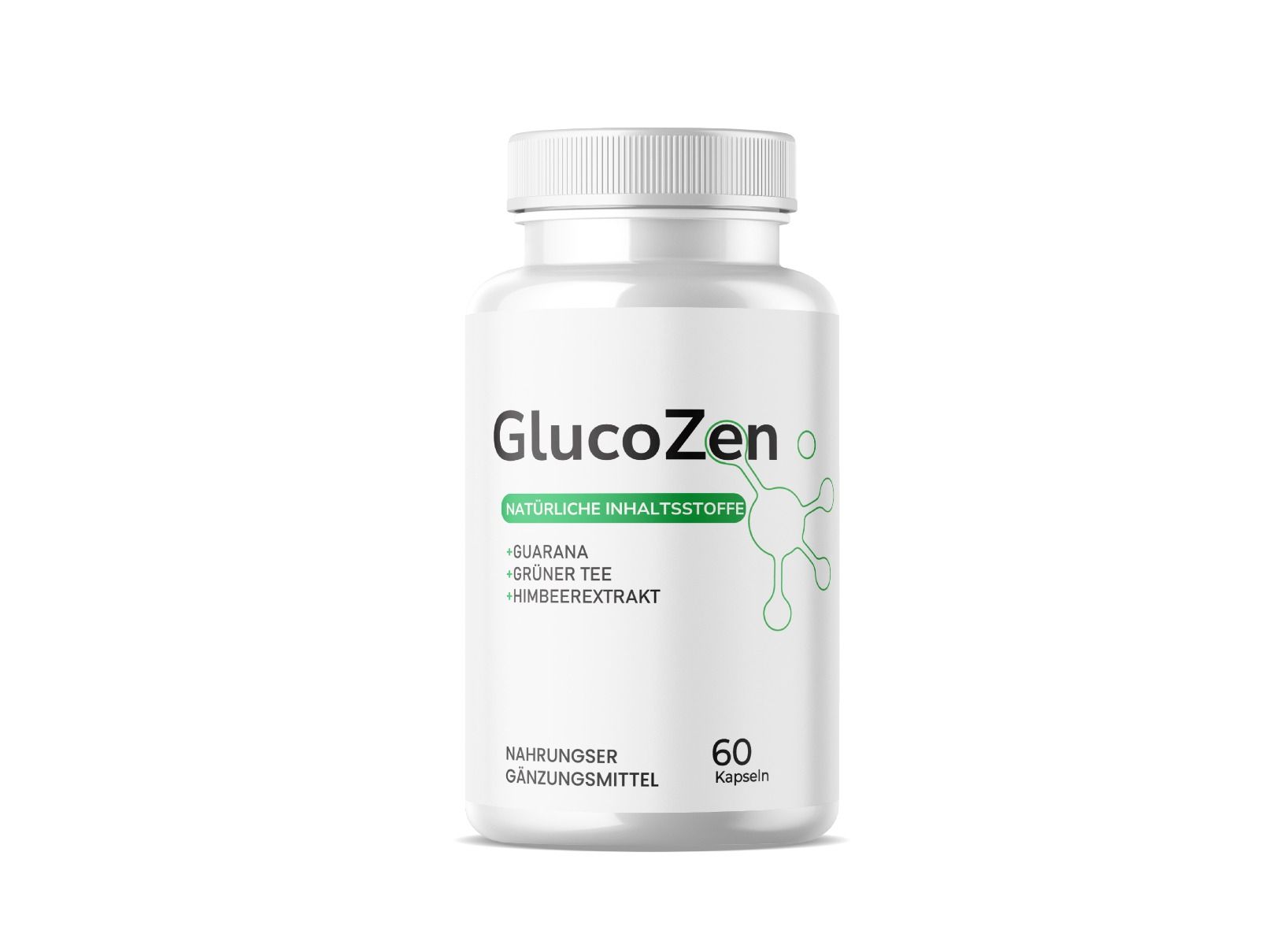 Weiße Flasche mit Schraubverschluss. Aufschrift: GlucoZen, natürliche Inhaltsstoffe, 60 Kapseln. Enthält Guarana, grünen Tee, Himbeerextrakt.