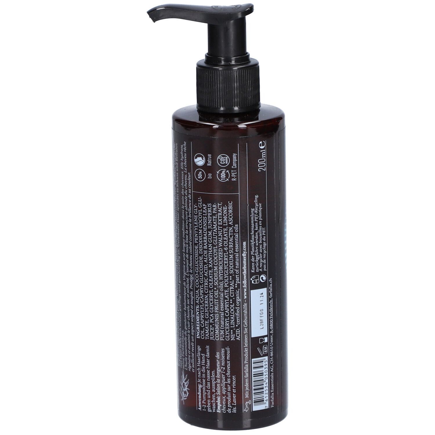 Braune Flasche mit schwarzem Pumpkopf. Rückseite mit Text und Inhaltsstoffen. 200ml. Vegan- und Naturkosmetik-Siegel.
