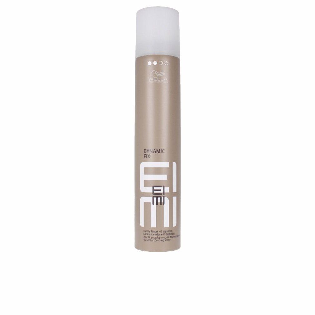 Zylindrische Dose mit weißem Deckel. Aufschrift: Dynamic Fix, EIMI, Wella. Beige-braune Farbe. Sprühflasche.
