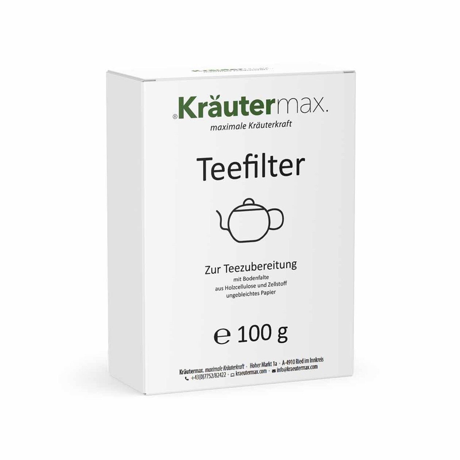 Weiße Verpackung mit Kräutermax-Logo und Produktbezeichnung Teefilter. Enthält 100 g. Text: Zur Teezubereitung.