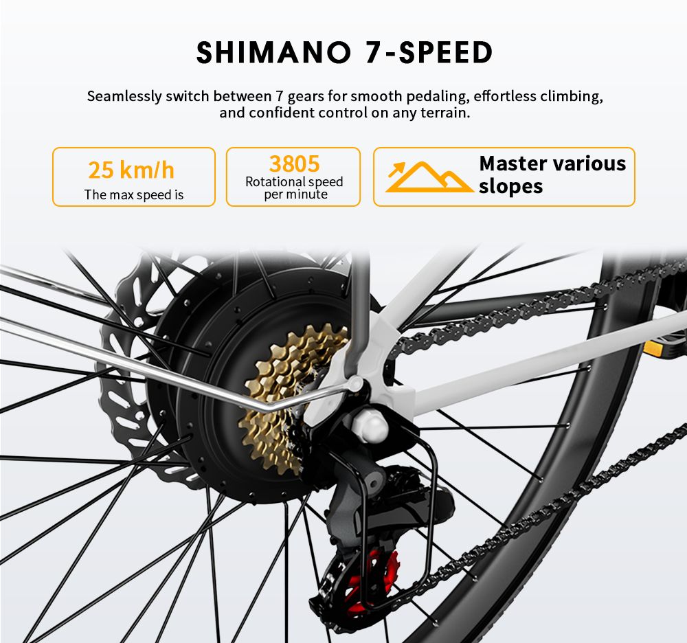 E-Bike-Getriebe mit 7 Gängen. Maximale Geschwindigkeit 25 km/h. 3805 Umdrehungen pro Minute. Geeignet für Steigungen.
