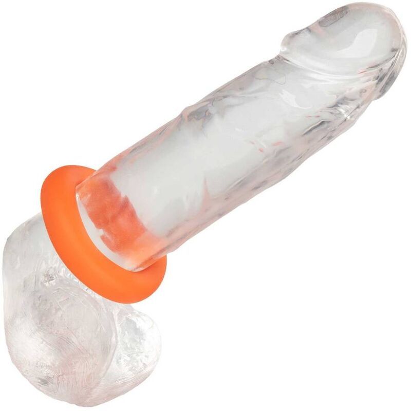 Transparenter Penis mit orangefarbenem Ring. Für Intimgebrauch.