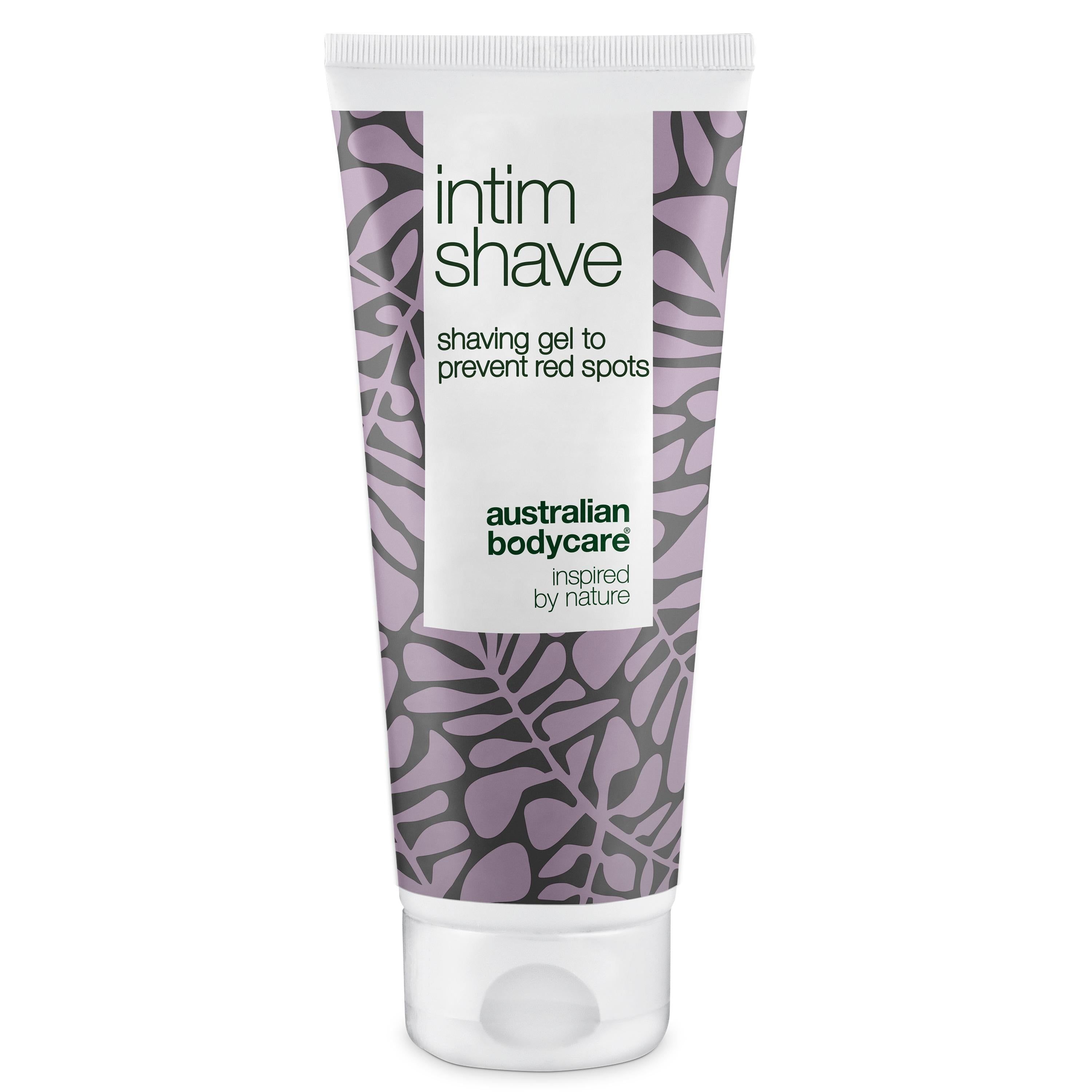 Tube mit Rasiergel. Aufschrift: Intim Shave, Australian Bodycare. Lila Muster. Weißer Deckel.
