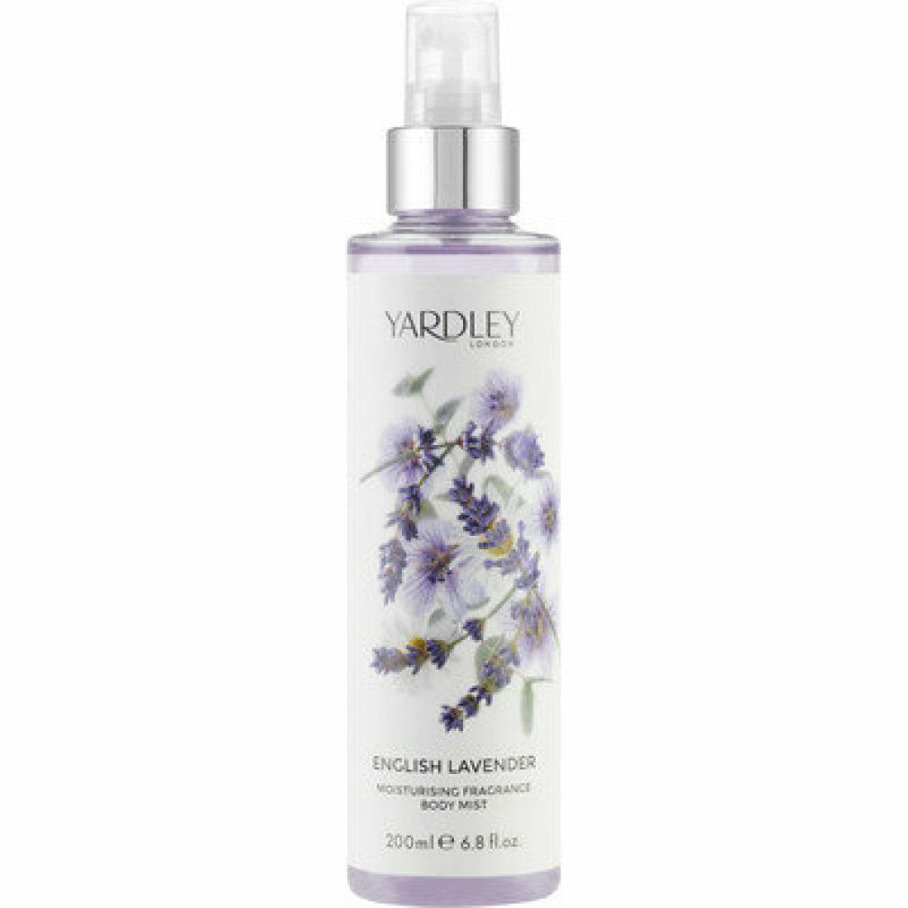 Sprühflasche mit lila Blütenmuster und Text. Aufschrift: Yardley English Lavender Moisturising Fragrance Body Mist.