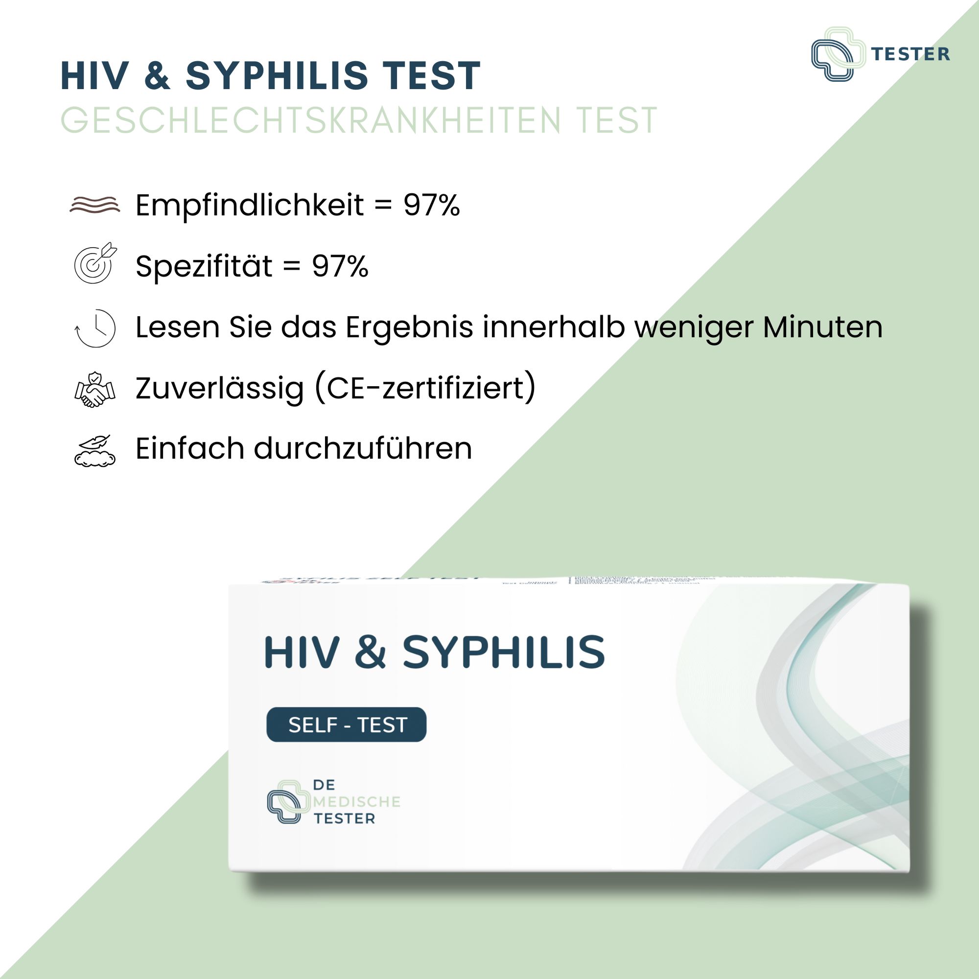 HIV & Syphilis Test Packung. Text: Empfindlichkeit = 97%, Spezifität = 97%, Ergebnis in Minuten, Zuverlässig (CE-zertifiziert), Einfach. De Medische Tester.