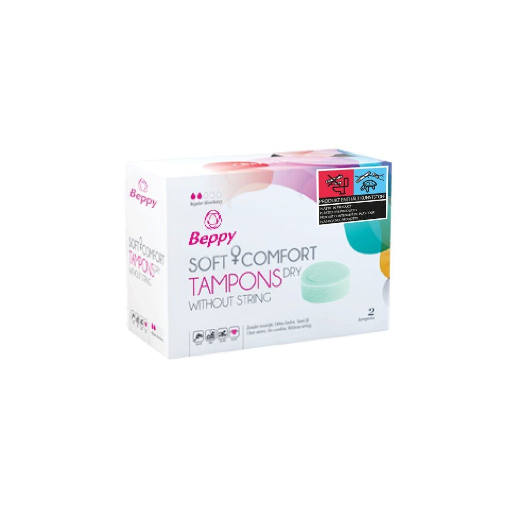 Karton mit Tampons. Aufschrift: Beppy Soft-Comfort Tampons Dry without string. 2 Stück. Grün-rosa Design.