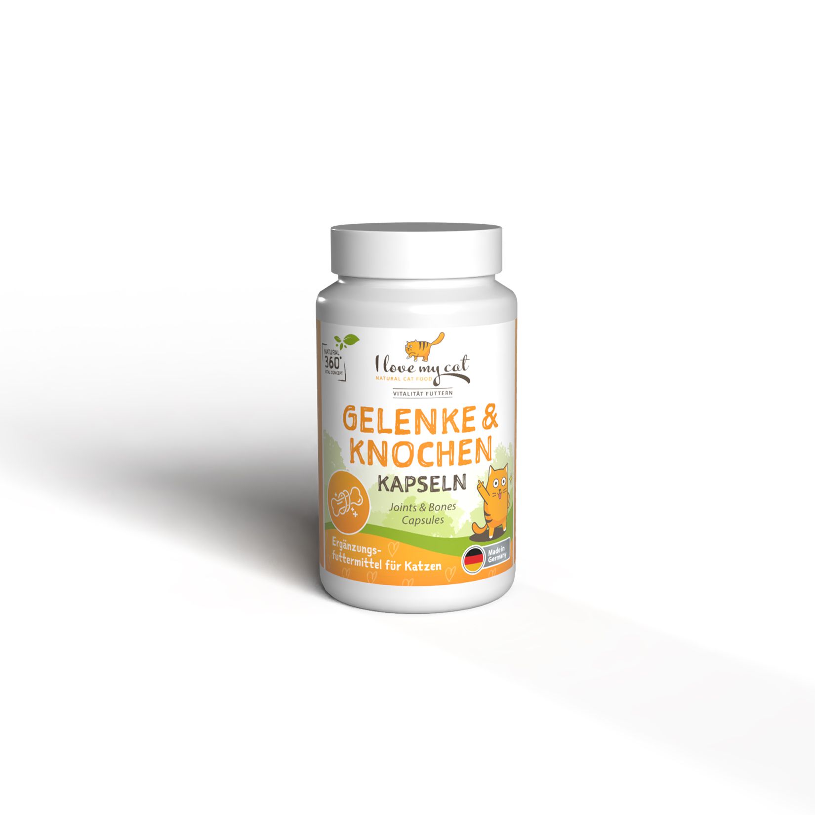 Weiße Flasche mit "I love my cat" und "Gelenke & Knochen Kapseln" Aufschrift. Orangefarbenes Etikett mit Katze. Deckel oben.