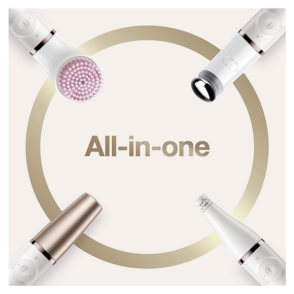 Braun FaceSpa Pro: All-in-one Gerät mit verschiedenen Aufsätzen in kreisförmiger Anordnung.