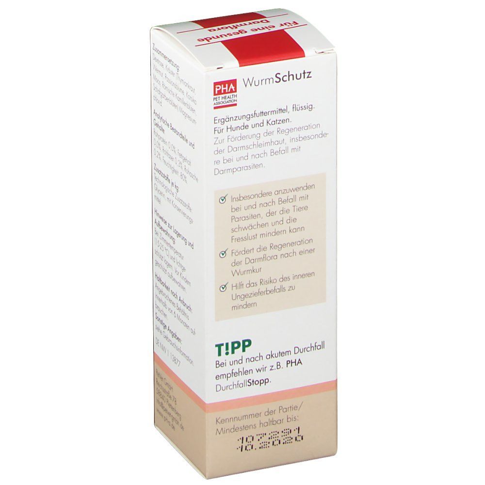 Produktverpackung mit Text. PHA Wurm Schutz, Ergänzungsfuttermittel für Hunde und Katzen. Text: Hinweise, Tipp, Mindestens haltbar bis.