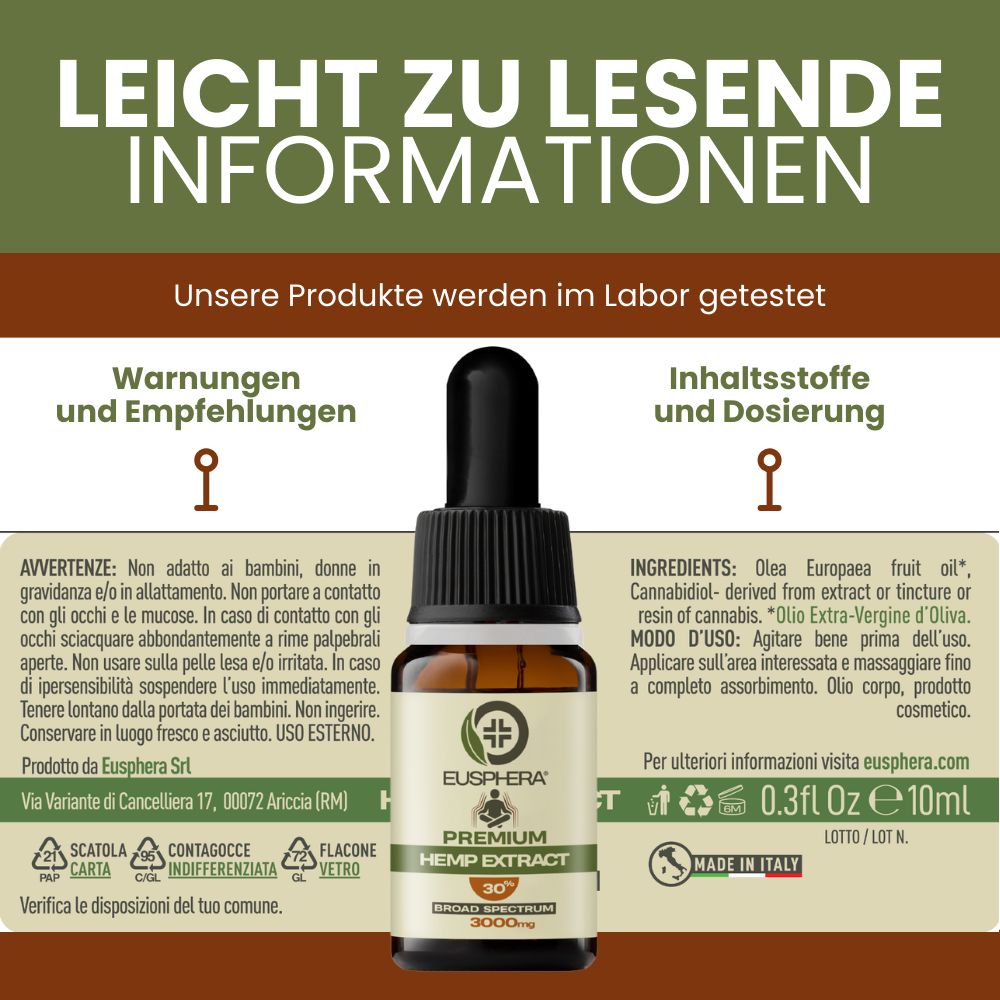 CBD Öl - Hanfextraktöl 30%  Hochdosiertes Vollspektrum Premium| Hemp Extract - Eusphera